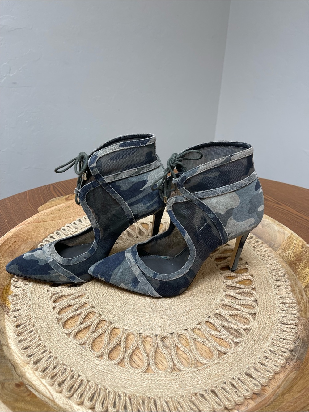 Gianni Bini Camouflage Pointed-Toe Lace-Up Stiletto Heels - Olive/Black/Gray - Picture 3 of 5